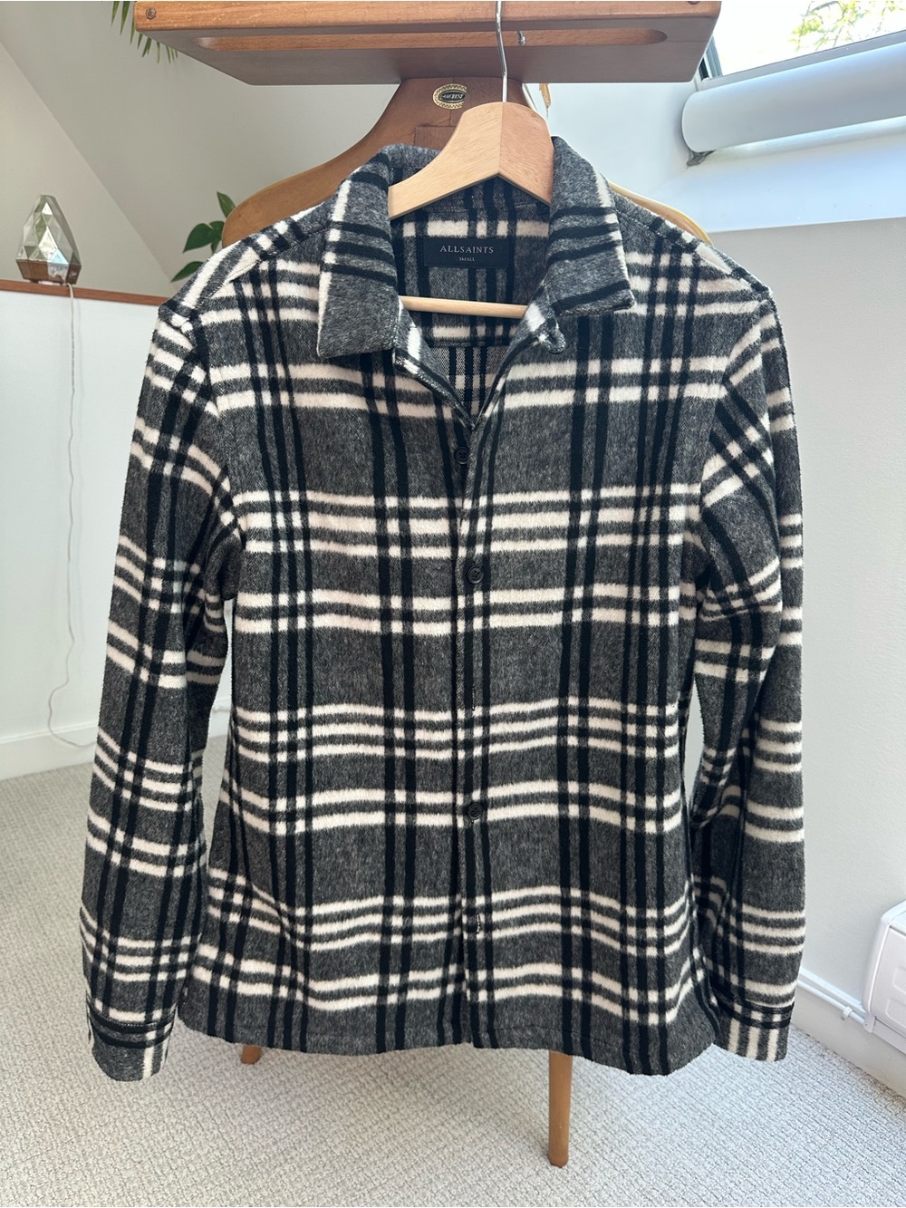 All Saints Men’s Black & White Plaid Zip-Up Sweater Jacket